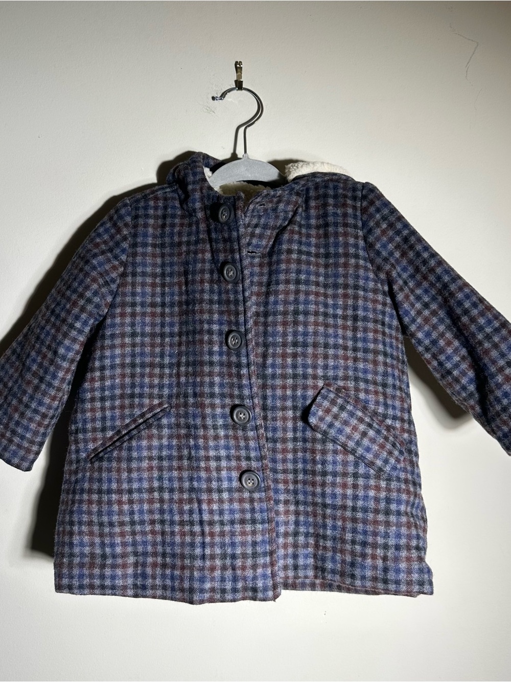 EUC Bonpoint Paris Check Wool Sherpa Lined Hooded Coat 18M